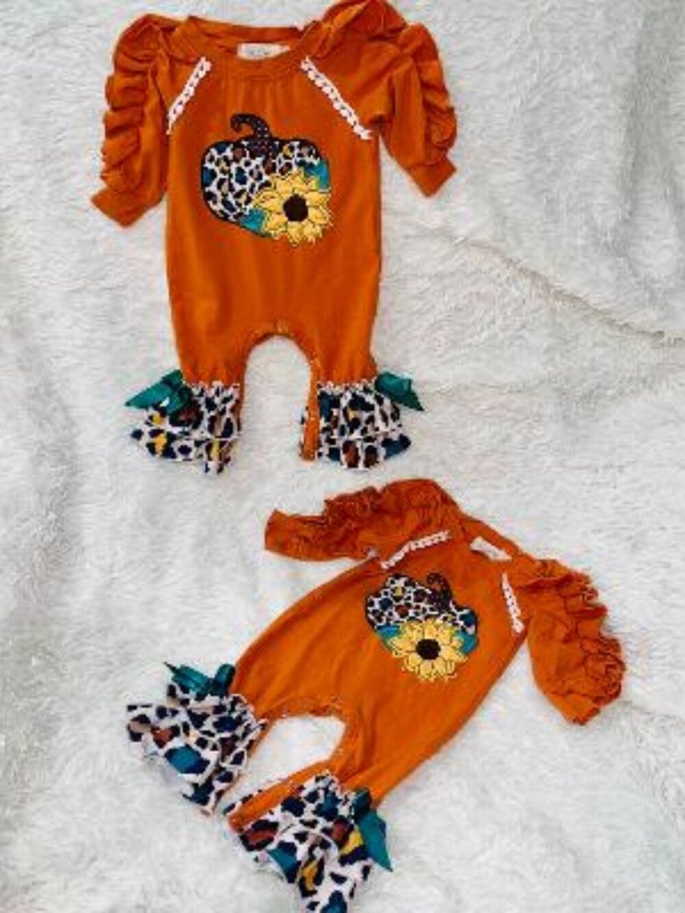 Marie Nicole 0-3 Twin Girl Orange Rompers Pumpkins Sunflowers Leopard Ruffles